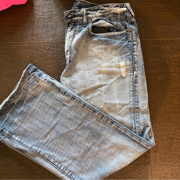 Men’s Guess Premium Denim Washout Distressed Jeans Wide Boot Cut 36x30 - Picture 1 of 13